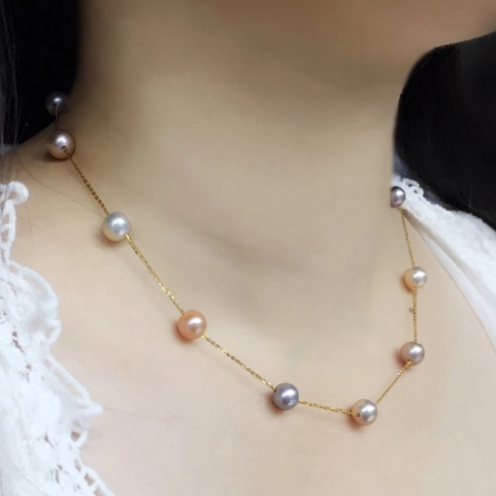 18K Yellow Gold Multi Color Pearl Necklace